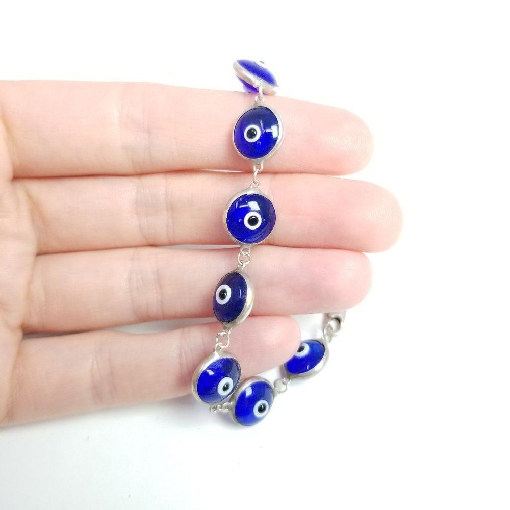 Vintage Sterling Silver Blue Glass Evil Eye Charm Bracelet